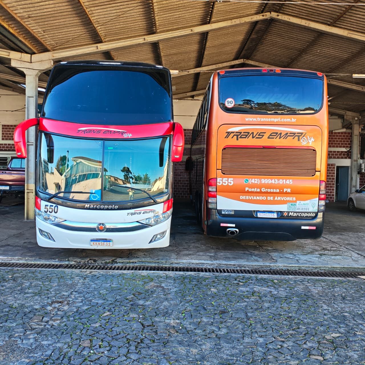 Ônibus 550 e 555 lado a lado na garagem TRANS EMPRI Vip